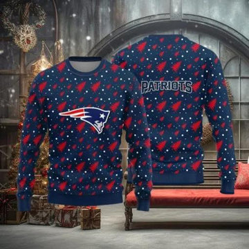 New England Patriots Logo Knitted Pine Tree Patterns Ugly Christmas Sweater, NFL Chritsmas Sweater Moonbestprint