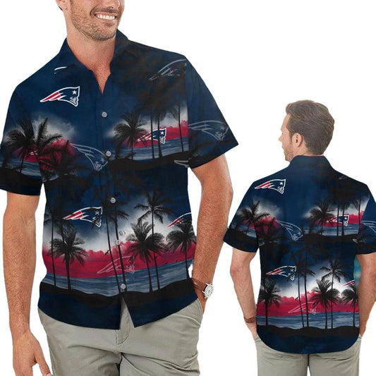 New England Patriots Logo Sunset Coconut Tree Hawaiian Shirt - Moonbestprint