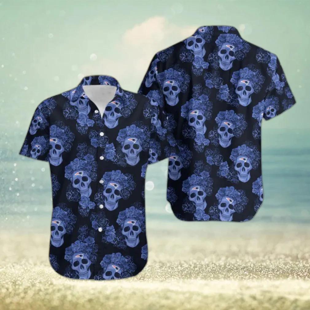 New England Patriots Mystery Skull And Flower Funny Hawaiian Shirt, NFL Hawaiian Shirt Moonbestprint