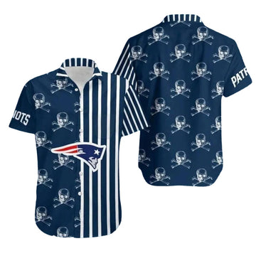 New England Patriots Nautical Skull Stripe Hawaiian Shirt - Moonbestprint