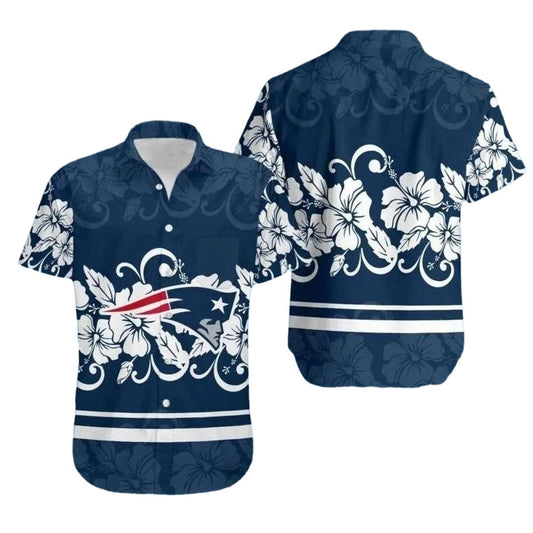 New England Patriots Navy Floral Crest Hawaiian Shirt - Moonbestprint