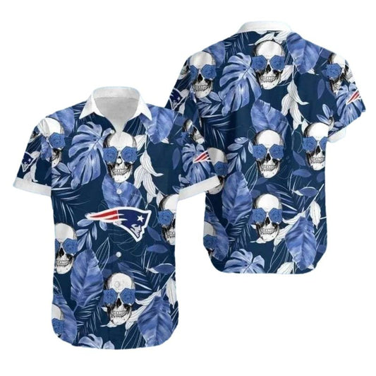 New England Patriots Oceanic Blue Floral Skull Hawaiian Shirt - Moonbestprint