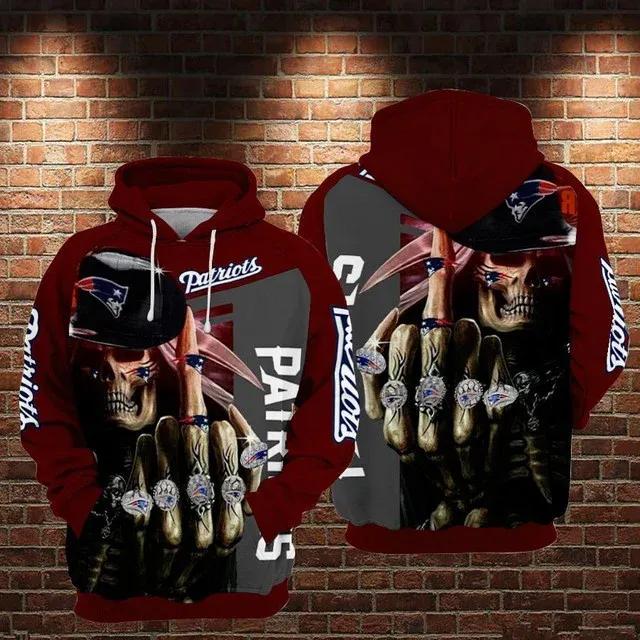 New England Patriots Skeleton Middle Finger Style 3D Hoodie, NFL Hoodie Moonbestprint
