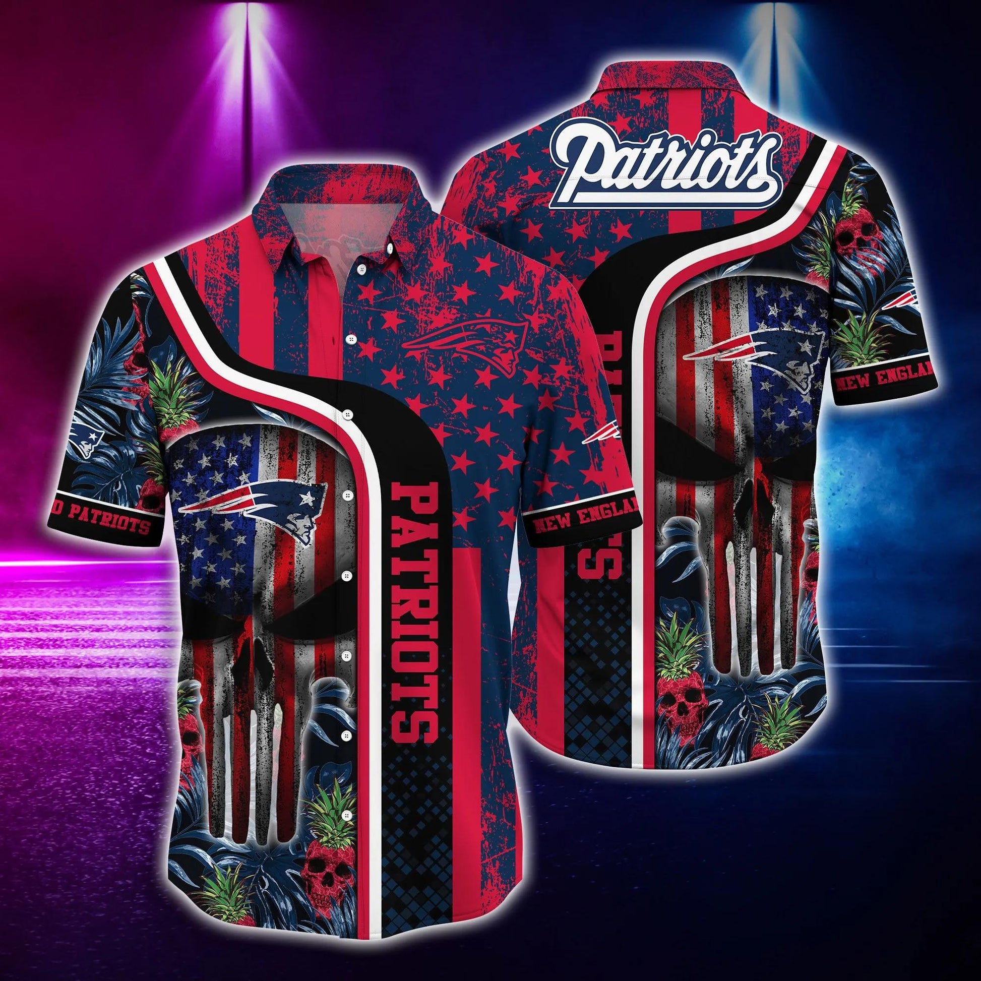 New England Patriots Skull And US Flag Hawaiian Shirt, NFL Hawaiian Shirt Moonbestprint