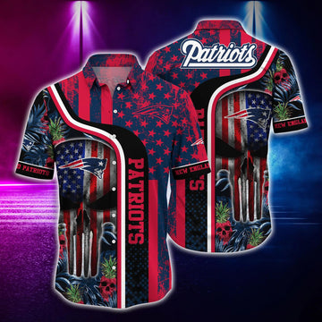 New England Patriots Skull And US Flag Hawaiian Shirt, NFL Hawaiian Shirt Moonbestprint