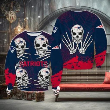 New England Patriots Skull Hallowen Wardrobe Ugly Christmas Sweater, NFL Chritsmas Sweater Moonbestprint
