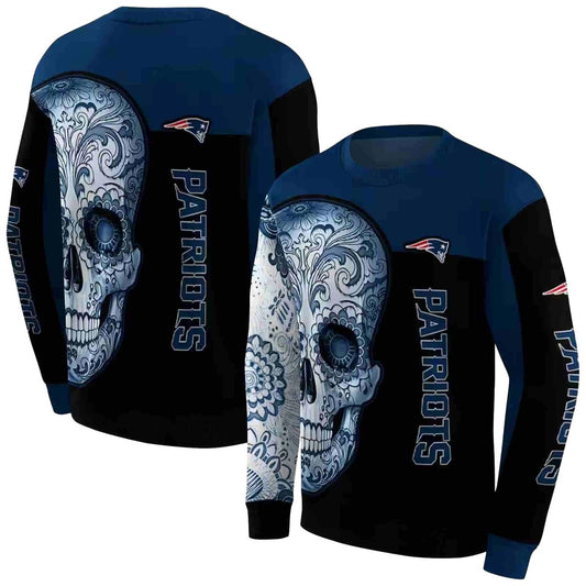 New England Patriots Sugar Skull Blue Black AOP Sweatshirt - Moonbestprint