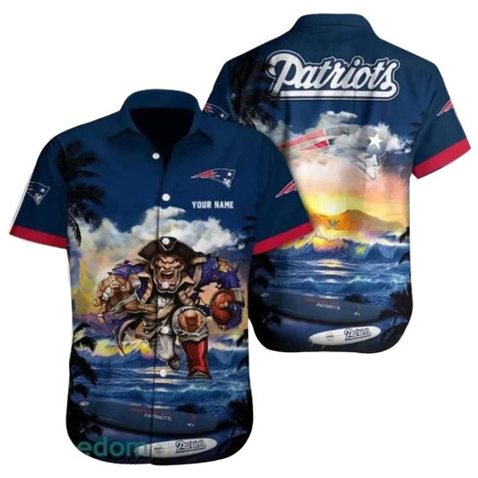 New England Patriots Sunset Showdown Mascot And Palm Trees Hawaiian Shirt - Moonbestprint