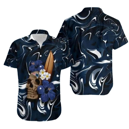 New England Patriots Surf And Skull Wave Patterns Floral Motifs Hawaiian Shirt - Moonbestprint