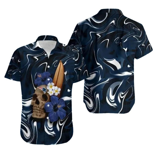 New England Patriots Surf And Skull Wave Patterns Floral Motifs Hawaiian Shirt - Moonbestprint