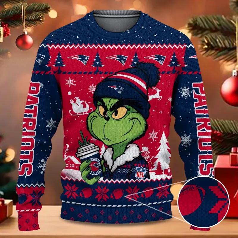 New England Patriots The Grinch Drink Coffee Ugly Christmas Sweater, NFL Christmas Sweater Moonbestprint