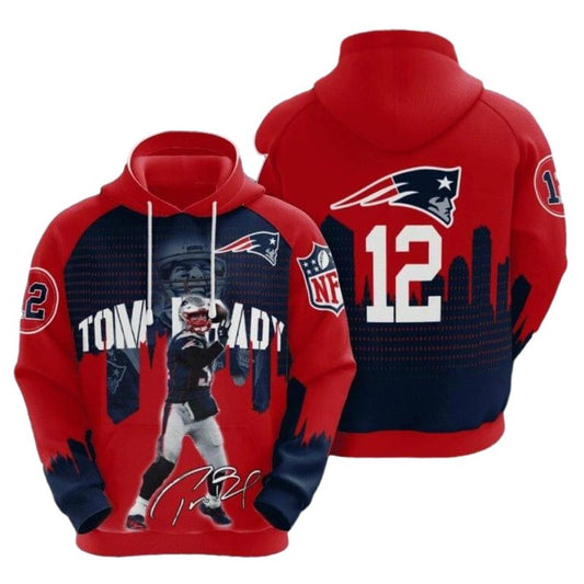 New England Patriots Tom Brady Signature Blue Red AOP Hoodie - Moonbestprint