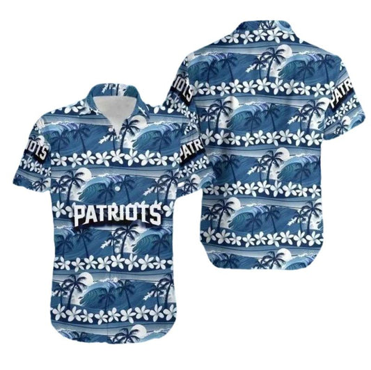 New England Patriots Tropical Breeze Blue Palms And Team Emblems Hawaiian Shirt - Moonbestprint