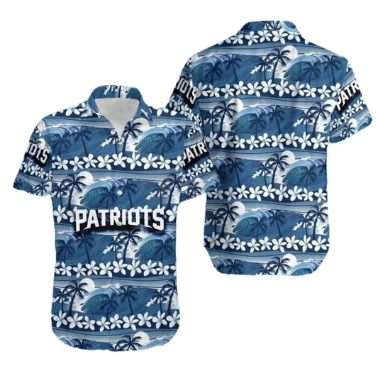 New England Patriots Tropical Breeze Blue Palms And Team Emblems Hawaiian Shirt - Moonbestprint