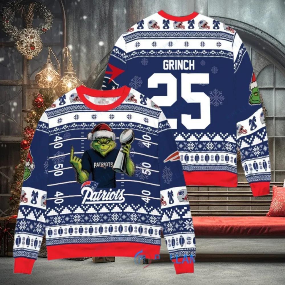New England Patriots x Grinch Christmas Dr. Seuss How the Grinch Stole Christmas with Super Bowl Trophy Custom Ugly Christmas Sweater, NFL Chritsmas Sweater Moonbestprint