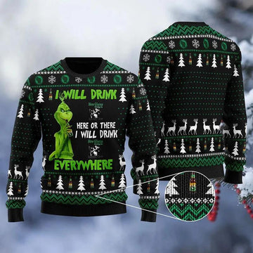 New Glarus Grinch Will Drink Everywhere Ugly Sweater, Grinch Holiday Sweater Moonbestprint