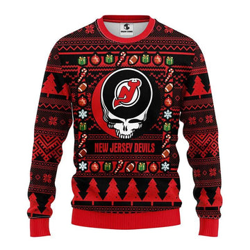 New Jersey Devils Grateful Dead Ugly Christmas Sweater, NHL Christmas Sweater Moonbestprint
