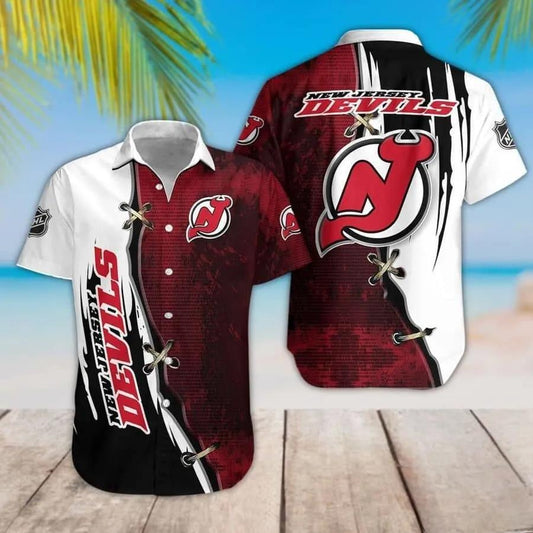 New Jersey Devils Red Black White Hawaiian Shirt, NHL Hawaiian Shirt Moonbestprint