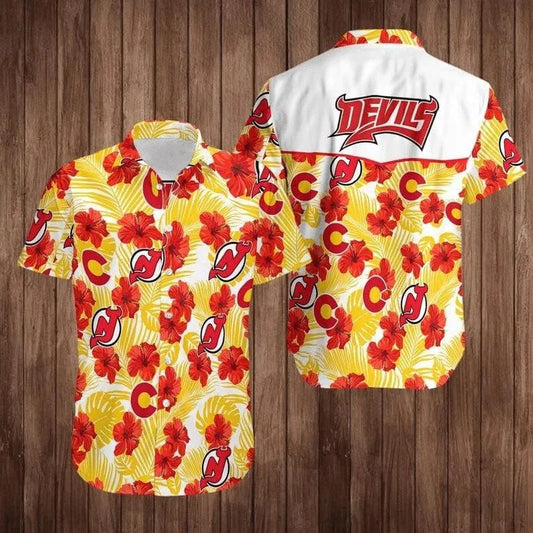 New Jersey Devils Red Hibiscus Flowers Yellow Leaves Hawaiian Shirt, NHL Hawaiian Shirt Moonbestprint