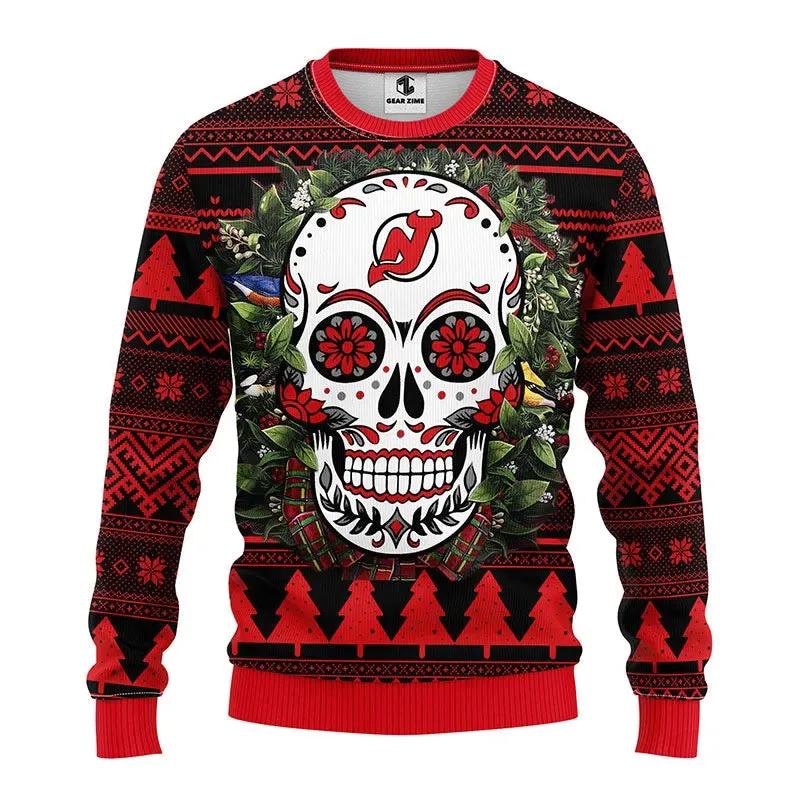 New Jersey Devils Skull Flower Ugly Christmas Sweater, NHL Christmas Sweater Moonbestprint