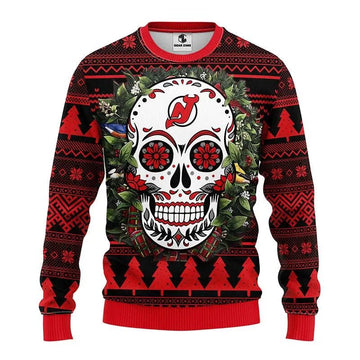 New Jersey Devils Skull Flower Ugly Christmas Sweater, NHL Christmas Sweater Moonbestprint