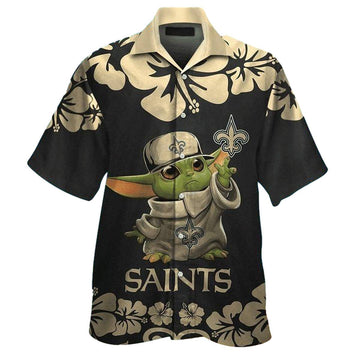 New Orleans Saints And Baby Yoda Hibiscus Black Pattern Hawaiian Shirt - Moonbestprint