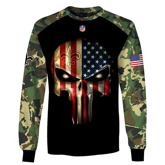 New Orleans Saints Army Camouflage American Flag Punisher Skull AOP Sweatshirt - Moonbestprint