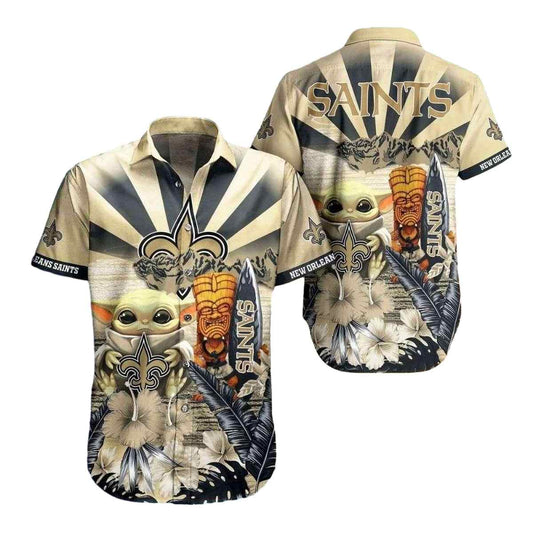 New Orleans Saints Baby Yoda With Tiki Totem Hawaiian Shirt - Moonbestprint