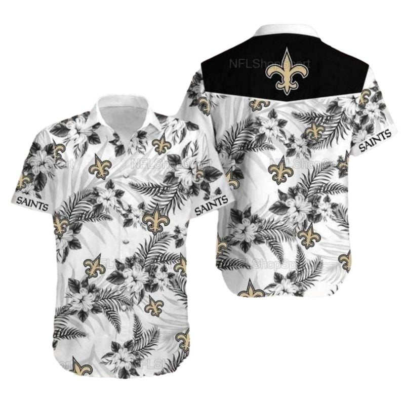 New Orleans Saints Black And White Floral Hawaiian Shirt Summer Fan Style - Moonbestprint