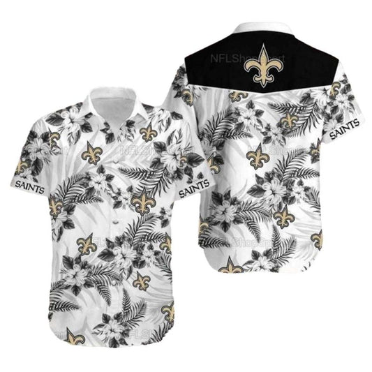 New Orleans Saints Black And White Floral Hawaiian Shirt Summer Fan Style - Moonbestprint