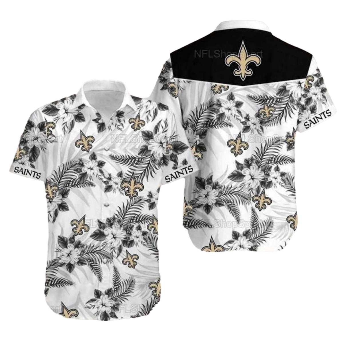 New Orleans Saints Black And White Floral Hawaiian Shirt Summer Fan Style - Moonbestprint