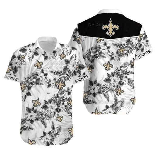 New Orleans Saints Black And White Floral Hawaiian Shirt Summer Fan Style - Moonbestprint