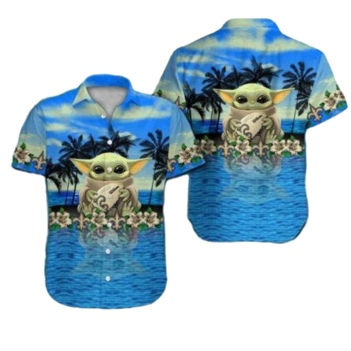New Orleans Saints Blue Ocean Baby Yoda Tropical Hawaiian Shirt - Moonbestprint
