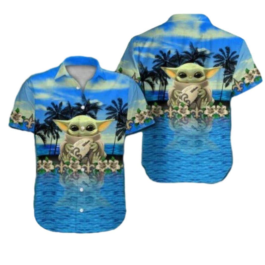 New Orleans Saints Blue Ocean Baby Yoda Tropical Hawaiian Shirt - Moonbestprint