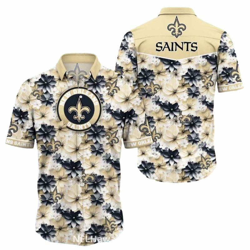 New Orleans Saints Floral Classic Black And Gold Hawaiian Shirt - Moonbestprint