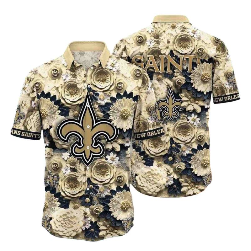 New Orleans Saints Floral Emblem Beige Hawaiian Shirt - Moonbestprint