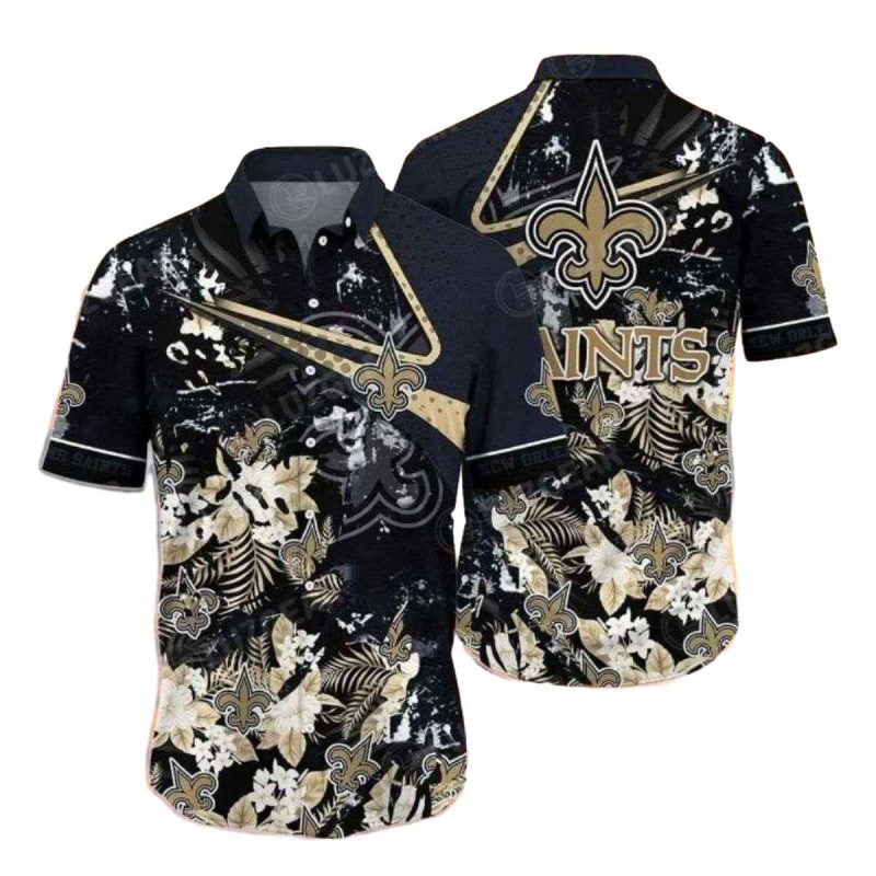 New Orleans Saints Floral Noir Print And Gold Detailing Hawaiian Shirt - Moonbestprint