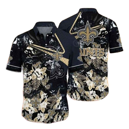 New Orleans Saints Floral Noir Print And Gold Detailing Hawaiian Shirt - Moonbestprint