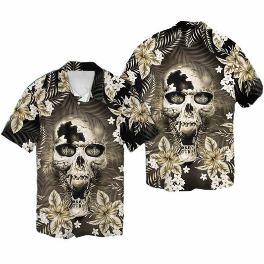 New Orleans Saints Flower Skull Hawaiian Shirt - Moonbestprint