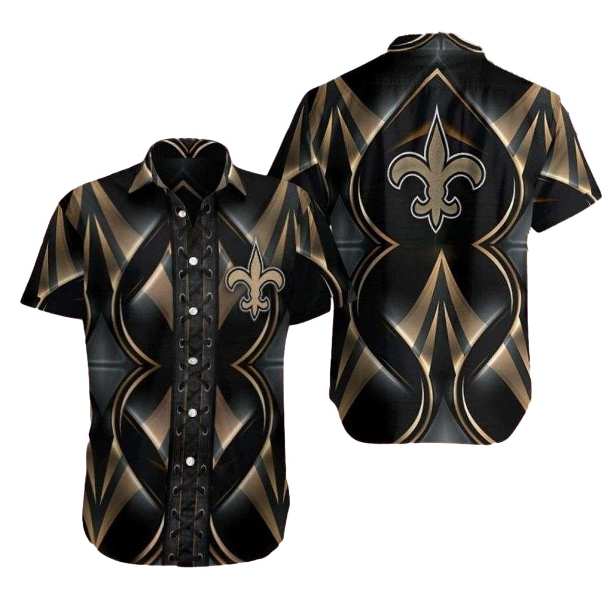 New Orleans Saints Gold On Black Angular Hawaiian Shirt - Moonbestprint