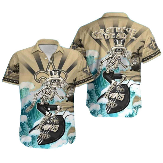 New Orleans Saints Grateful Dead Skeleton Surf Hawaiian Shirt - Moonbestprint