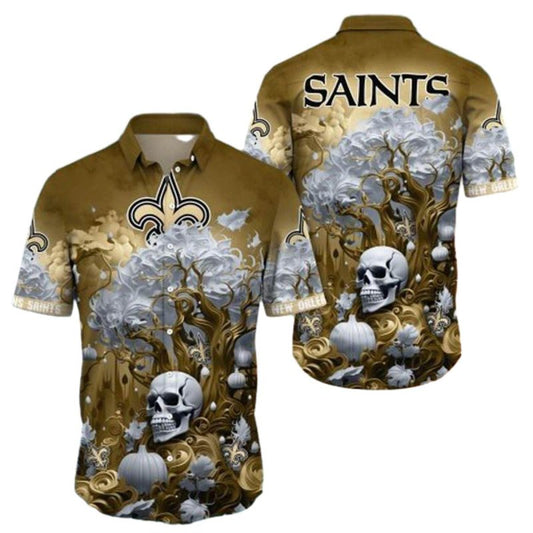 New Orleans Saints Halloween Skull Pumpkin Hawaiian Shirt - Moonbestprint