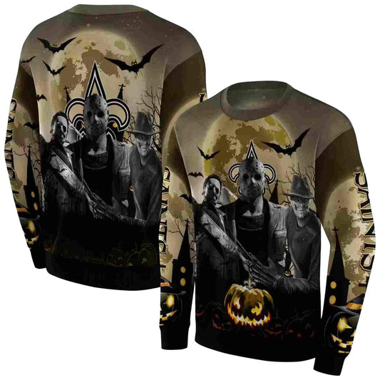 New Orleans Saints Horror Movie Halloween Vibes Gold Black AOP Sweatshirt - Moonbestprint