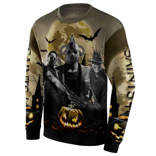 New Orleans Saints Horror Movie Halloween Vibes Gold Black AOP Sweatshirt - Moonbestprint