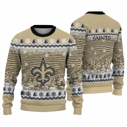 New Orleans Saints Logo And Christmas Tree Pattern Gold AOP Sweatshirt - Moonbestprint