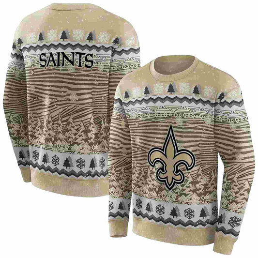 New Orleans Saints Logo And Christmas Trees Gold AOP Sweatshirt - Moonbestprint