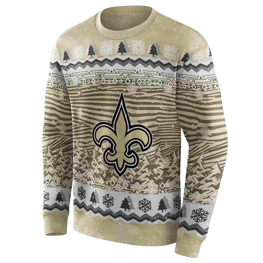 New Orleans Saints Logo And Christmas Trees Gold AOP Sweatshirt - Moonbestprint