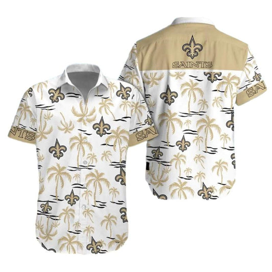 New Orleans Saints Logo And Coconut Beach White Gold Hawaiian Shirt - Moonbestprint
