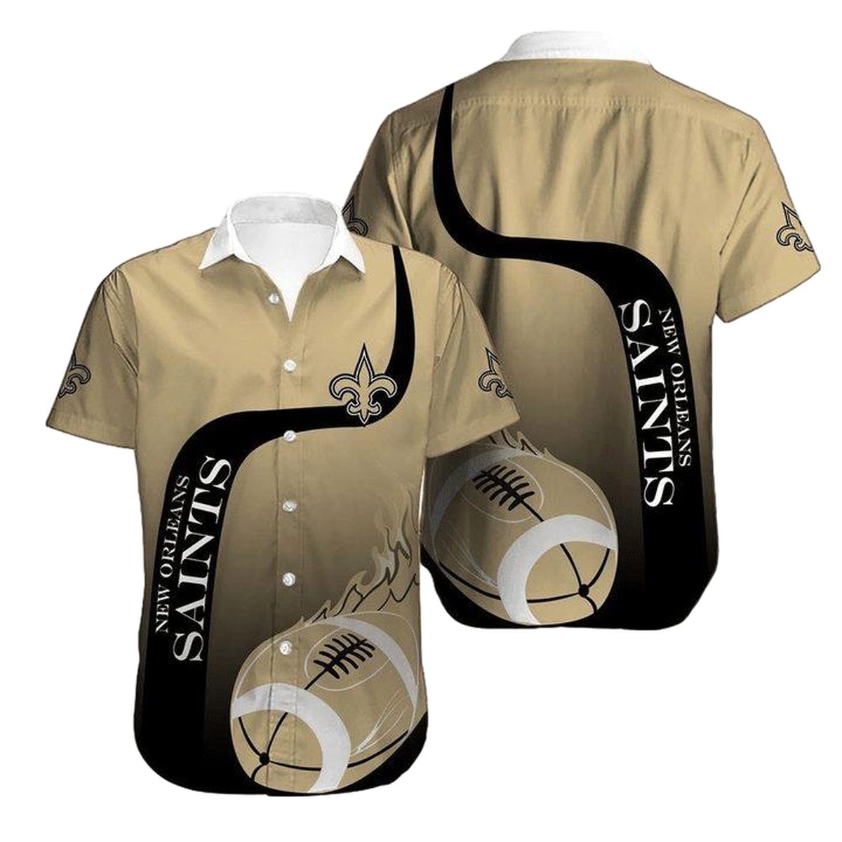 New Orleans Saints Logo And Flame Ball Black Gold Hawaiian Shirt - Moonbestprint