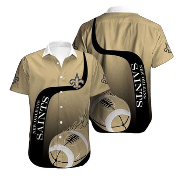 New Orleans Saints Logo And Flame Ball Black Gold Hawaiian Shirt - Moonbestprint